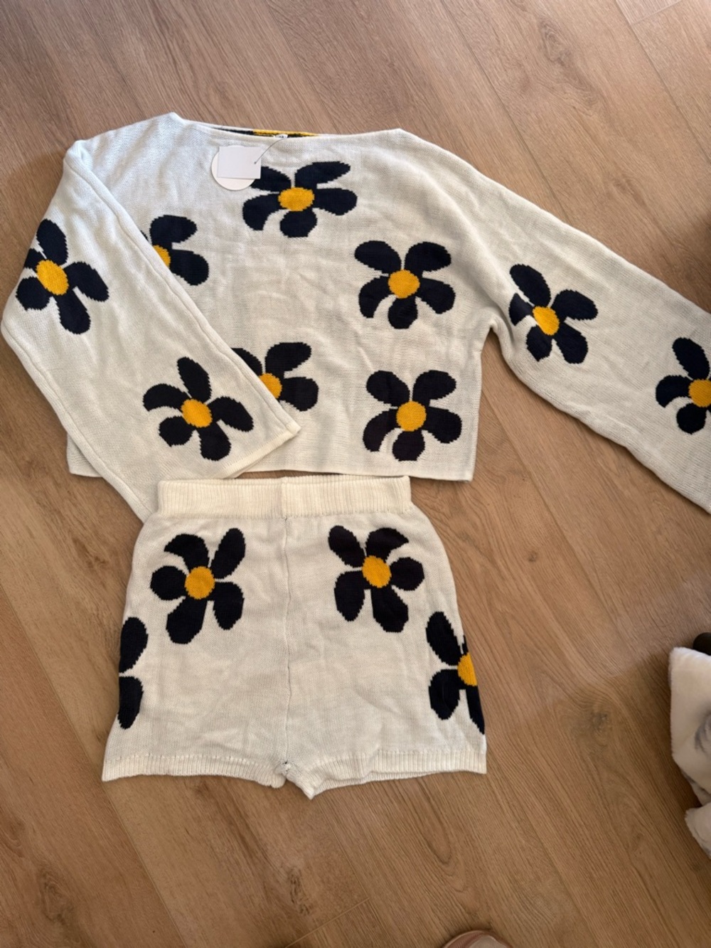 Floral Knit Two-Piece Set - Cream with Black & Yellow Flowers